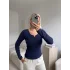 Yaka V Kesik Bluz - LACİVERT