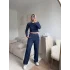 Yan Büzgü Crop & Pantolon Takım - LACİVERT