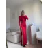 Yan Büzgü Derin Yırtmaç Elbise - KIRMIZI