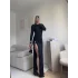 Yan Büzgü Derin Yırtmaç Elbise - SİYAH