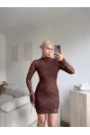 Uzun Kol Yüksek Yaka Dantel Mini Elbise - KAHVE