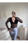 Uzun Kollu Dantel Bodysuit - SİYAH