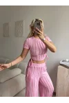 Yan Büzgü Pantolon Takım - PEMBE