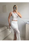 Dantel Crop Üst Transparan Uzun Etek Takım - BEYAZ