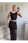 Dantel Crop Üst Transparan Uzun Etek Takım - KAHVE