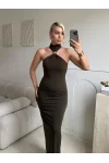 Halter Yaka Metal Aksesuar Detaylı Maxi Elbise - HAKİ