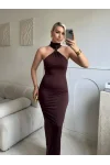 Halter Yaka Metal Aksesuar Detaylı Maxi Elbise - KAHVE