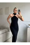 Halter Yaka Metal Aksesuar Detaylı Maxi Elbise - SİYAH