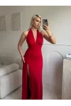 Halter Yaka Sırt Bağlamalı Yırtmaçlı Maxi Elbise - KIRMIZI