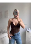 Askılı Dantel Bodysuit - KAHVE