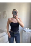 Biyeli Straplez Crop - SİYAH