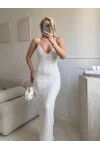 Astarlı Yırtmaç Detay Dantel Elbise - BEYAZ