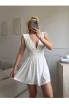 V Yaka Bel Oturtmalı Mini Elbise - BEYAZ
