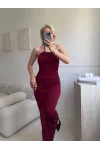 Halter Yaka Aksesuarlı Elbise - BORDO