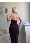 Halter Yaka Aksesuarlı Elbise - KAHVE