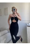 Halter Aksesuar Maxi Elbise - SİYAH