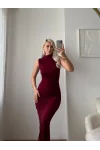 Arka Yırtmaç Drapeli Elbise - BORDO