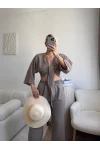 Bağlamalı Crop & Pantolon Takım - VİZON