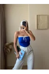 Bağlamalı Straplez Crop-Saks MAVİ