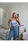 Bağlamalı Straplez Crop-Bebe Mavi