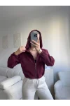 Bel Lastik Crop Hırka - BORDO
