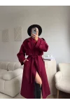 Beli Kuşaklı Kaşe Kaban - BORDO