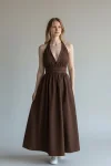 Boyun Bağlamalı Poplin Elbise - KAHVE