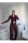 Çift Fermuar Crop & Pantolon Takım - KAHVE