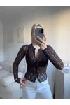 Dantel Uzun Kollu Düğmeli Bluz - KAHVE