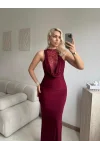 Degaje Yaka Dantel Detay Elbise - BORDO