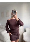 Drapeli Büzgülü Basic Elbise - KAHVE