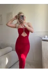Halter Aksesuar Maxi Elbise - KIRMIZI