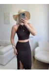 Halter Crop & Yırtmaçlı Takım - KAHVE