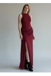Halter Yaka Bel Drape Yırtmaçlı Elbise - BORDO