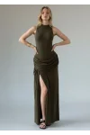 Halter Yaka Bel Drape Yırtmaçlı Elbise - HAKİ