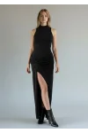 Halter Yaka Bel Drape Yırtmaçlı Elbise - SİYAH