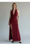 Halter Yaka Sırt Bağlamalı Yırtmaçlı Maxi Elbise - BORDO