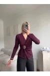 Kruvaze Aksesuarlı Taşlı Bluz - BORDO