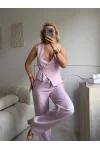 Kruvaze Bluz Pantolon Takım - PEMBE