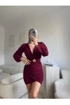 Kruvaze Önü Tokalı Elbise - BORDO