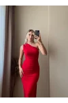 Omuz Detay Drapeli Elbise- KIRMIZI