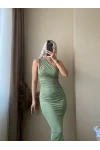 Omuz Detay Drapeli Elbise-YEŞİL