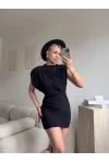 Omuz Vatkalı Drapeli Mini Elbise - SİYAH