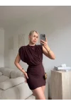 Omuz Vatkalı Drapeli Mini Elbise - KAHVE