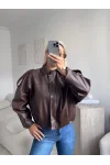 Oversize Bel Lastik Deri Ceket - KAHVE