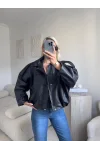 Oversize Bel Lastik Deri Ceket - SİYAH