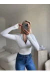 Parmak Geçmeli Fermuar Crop - BEYAZ