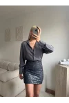 Pul Payet Etekli Gömlek Elbise - GRİ