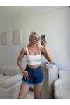 Püsküllü Kot Şort - KOYU MAVİ
