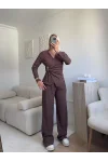 Tokalı Kruvaze Pantolon Takım - KAHVE